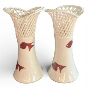 Kasuga Ware Japan Handcrafted Fish Candle Holder Vase VTG Set Of 2, Asian, 5”